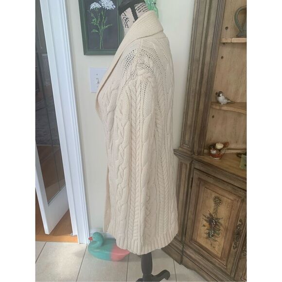 Lands End Ivory Thick Wool Fisherman Cardigan Sweater Shawl Collar - Picture 4 of 8